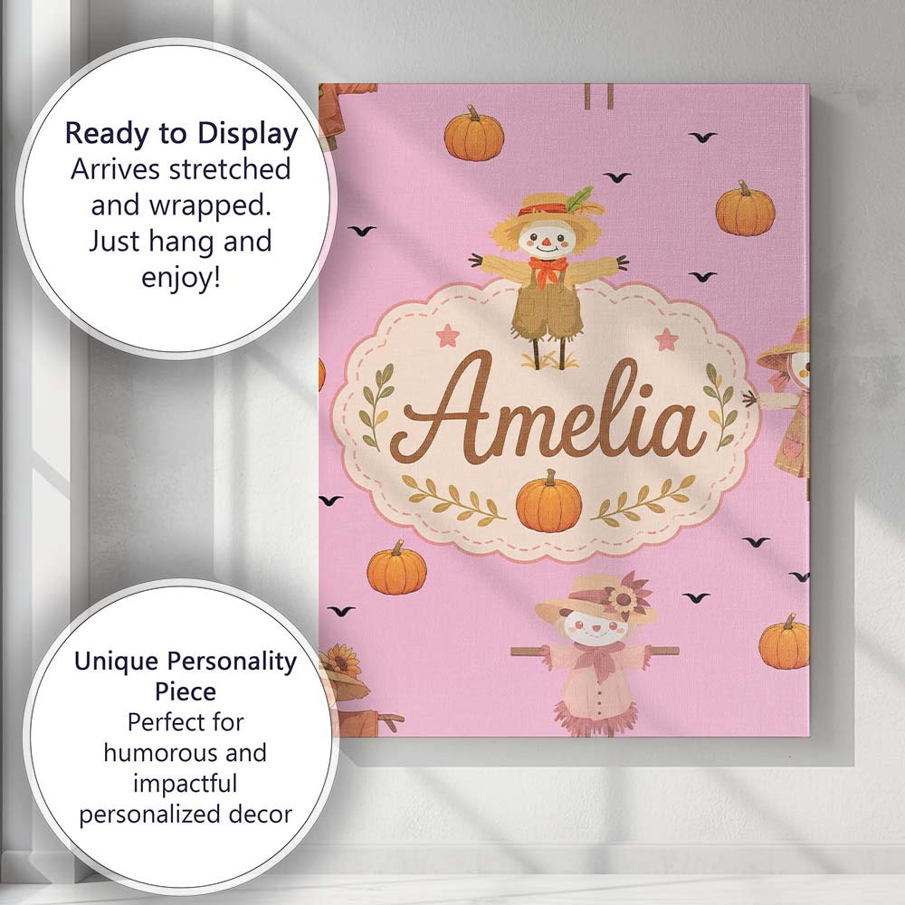 Personalised Name Cute Autumn Scarecrow Custom  Modern Room Accent Elegant Feature Canvas Wall Art Print Decor Picture Ready to Hang