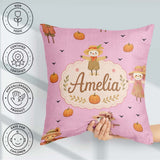 Custom Name Autumn Scarecrow Pumpkin Birds Seamless Pattern Pink Square Filled Cushion Throw Pillow Sofa Bed Home Decor Zip Washable UK Made