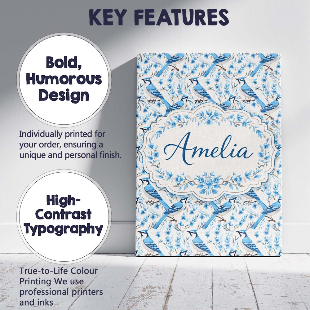 Personalised Name Blue Jay Bird Delicate Floral Seamless Soft Custom  Home Unique Canvas Wall Art Print Decor Picture Ready to Hang