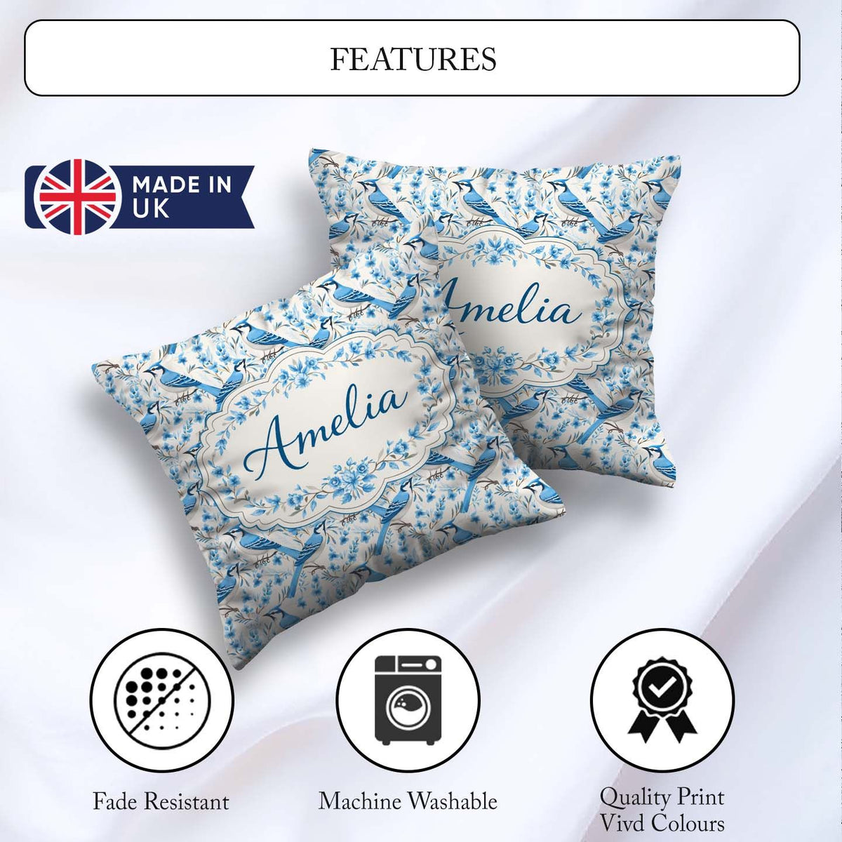 Custom Name Blue Bird Delicate Floral Soft Blue Botanical Nature Square Filled Cushion Throw Pillow Sofa Bed Home Decor Zip Washable UK Made