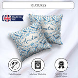 Custom Name Blue Bird Delicate Floral Soft Blue Botanical Nature Square Filled Cushion Throw Pillow Sofa Bed Home Decor Zip Washable UK Made
