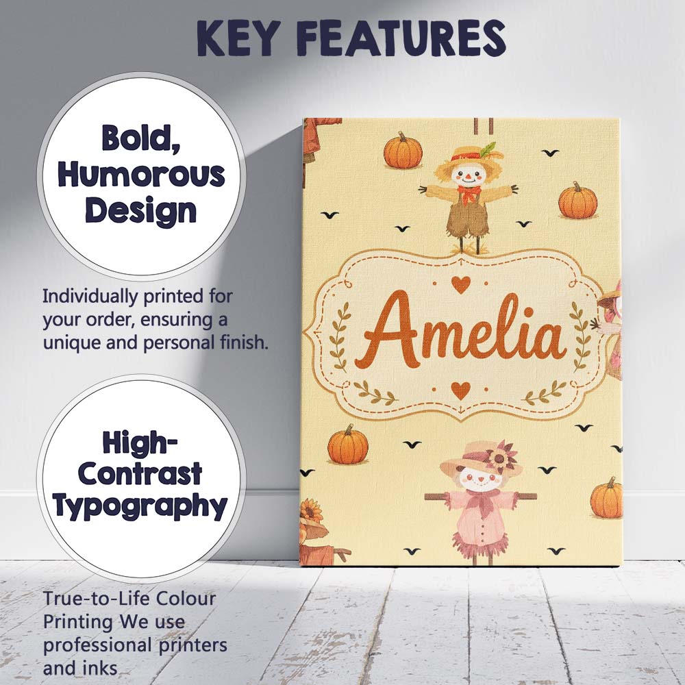 Personalised Name Cute Autumn Scarecrow Custom  Modern Room Accent Elegant Feature Canvas Wall Art Print Decor Picture Ready to Hang