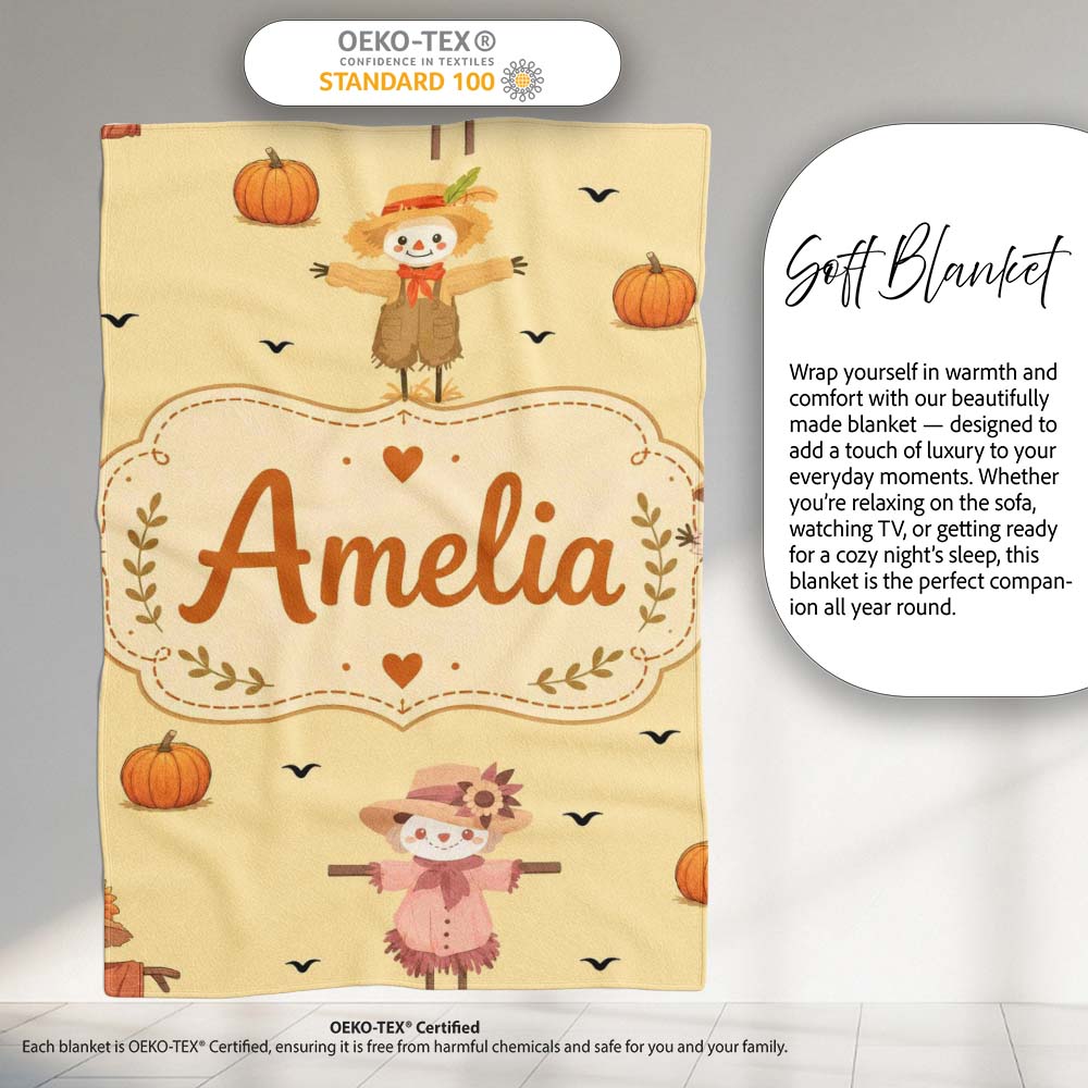Cute Autumn Scarecrow Pumpkin Birds Seamless Pattern Beige Lovely  Personalised Custom Name Super Soft Fleece Blanket Bed Sofa Throw