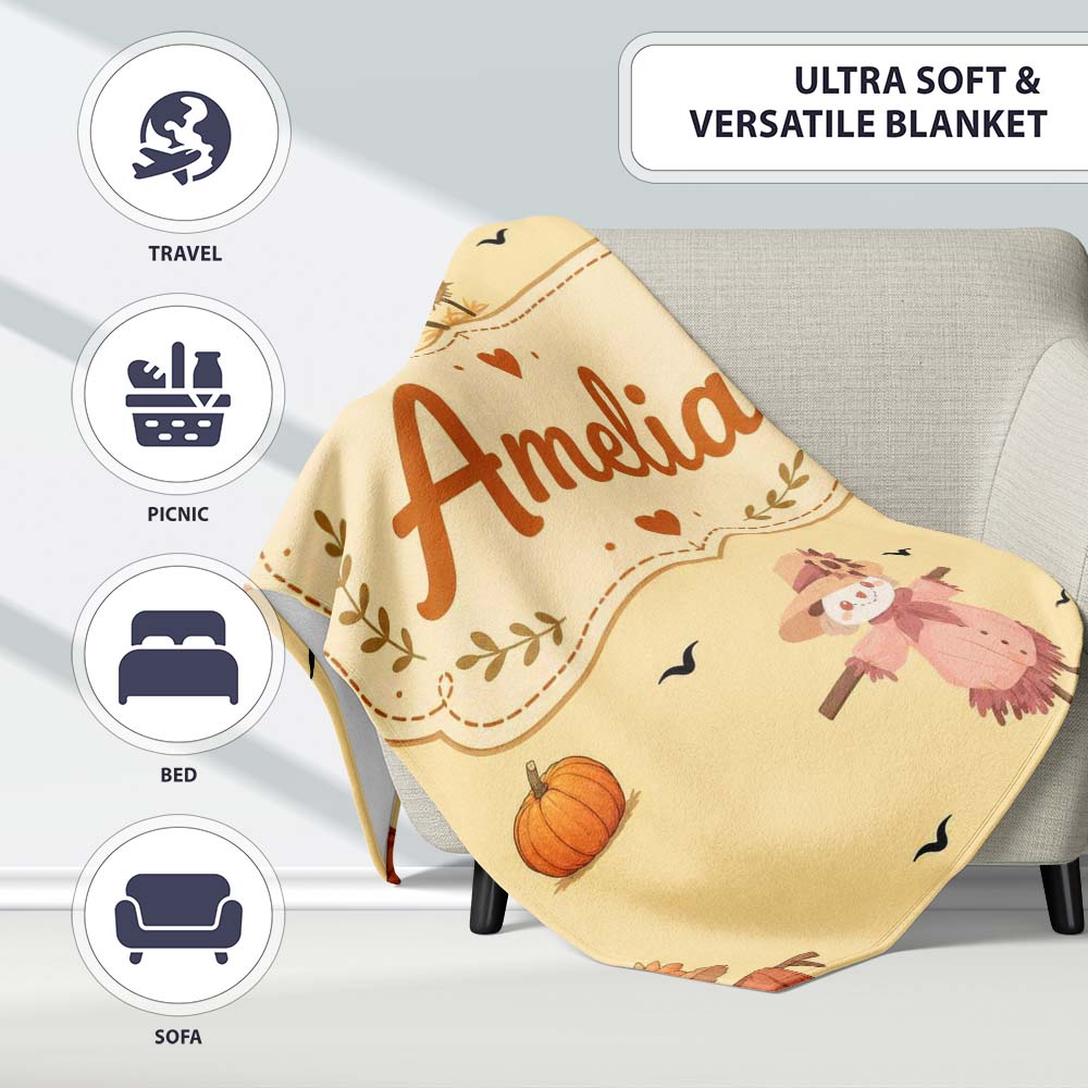 Cute Autumn Scarecrow Pumpkin Birds Seamless Pattern Beige Lovely  Personalised Custom Name Super Soft Fleece Blanket Bed Sofa Throw
