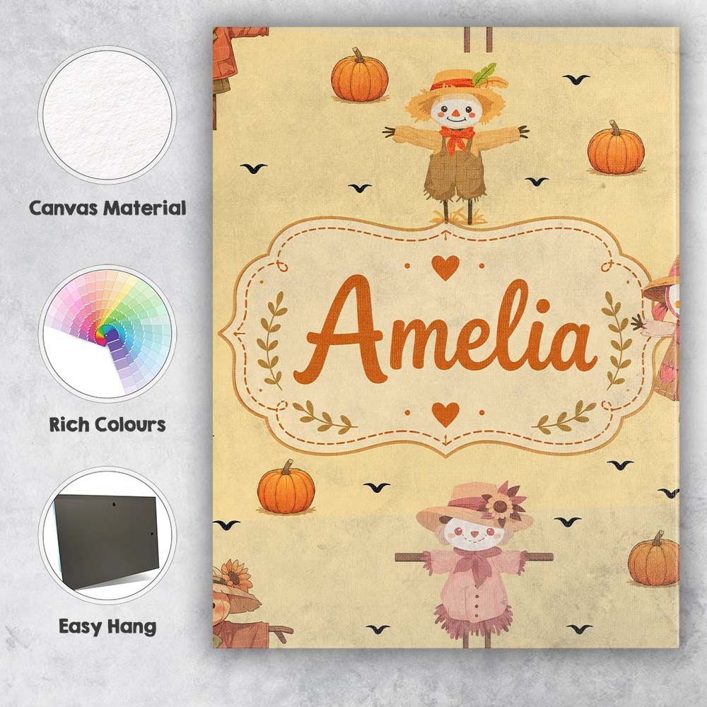 Personalised Name Cute Autumn Scarecrow Custom  Modern Room Accent Elegant Feature Canvas Wall Art Print Decor Picture Ready to Hang