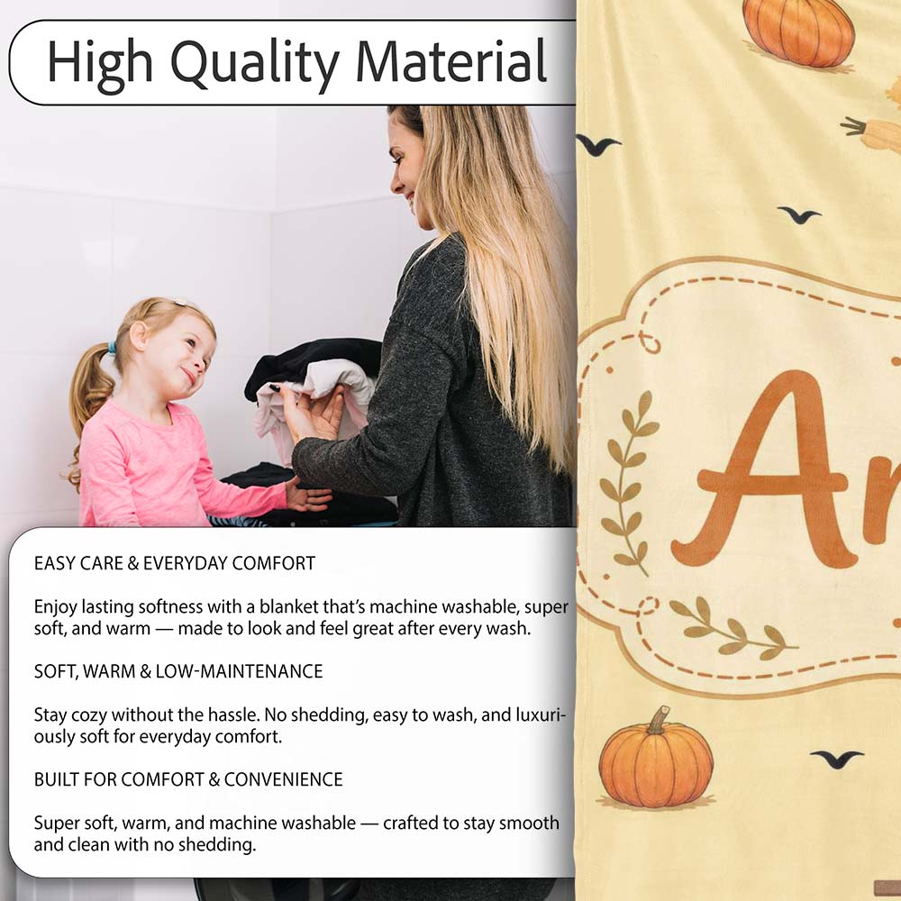 Cute Autumn Scarecrow Pumpkin Birds Seamless Pattern Beige Lovely  Personalised Custom Name Super Soft Fleece Blanket Bed Sofa Throw