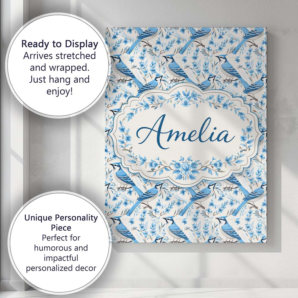 Personalised Name Blue Jay Bird Delicate Floral Seamless Soft Custom  Home Unique Canvas Wall Art Print Decor Picture Ready to Hang
