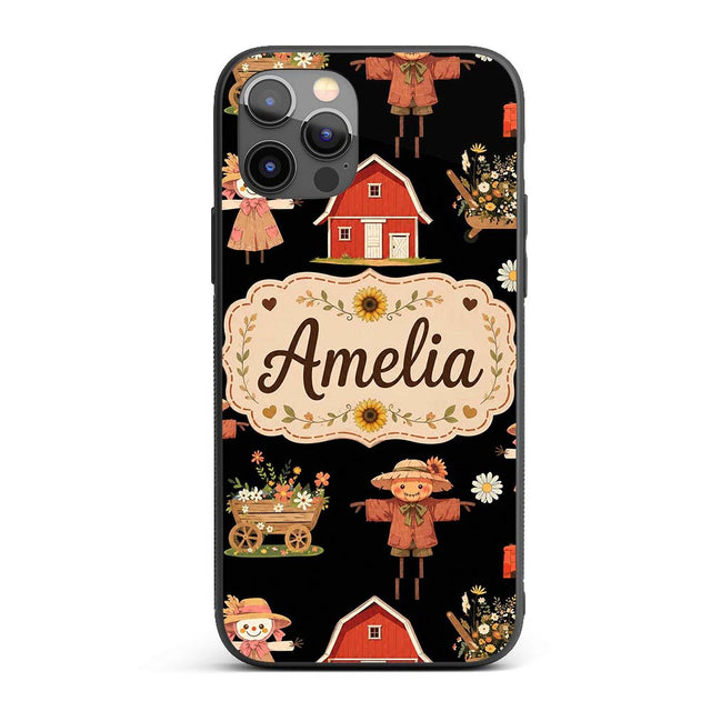 Cute Autumn Farm Scarecrow Barn Flowers Seamless Custom Name Protective Phone Case Mobile Cover Durable Everyday Smartphone Shock Resistant