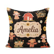 Custom Name Cute Autumn Farm Barn Flowers Seamless Pattern Black Square Filled Cushion Throw Pillow Sofa Bed Home Decor Zip Washable UK Made