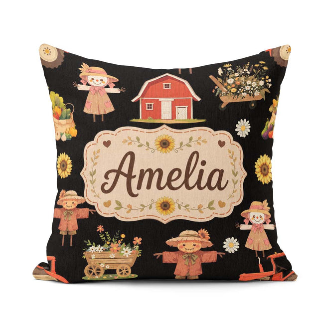 Custom Name Cute Autumn Farm Barn Flowers Seamless Pattern Black Square Filled Cushion Throw Pillow Sofa Bed Home Decor Zip Washable UK Made