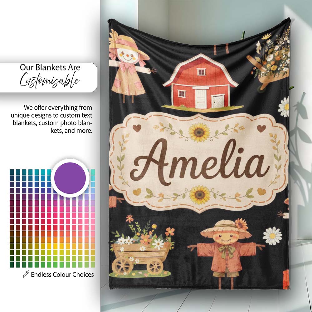 Cute Autumn Farm Scarecrow Barn Flowers Seamless Pattern Black  Personalised Custom Name Super Soft Fleece Blanket Bed Sofa Throw