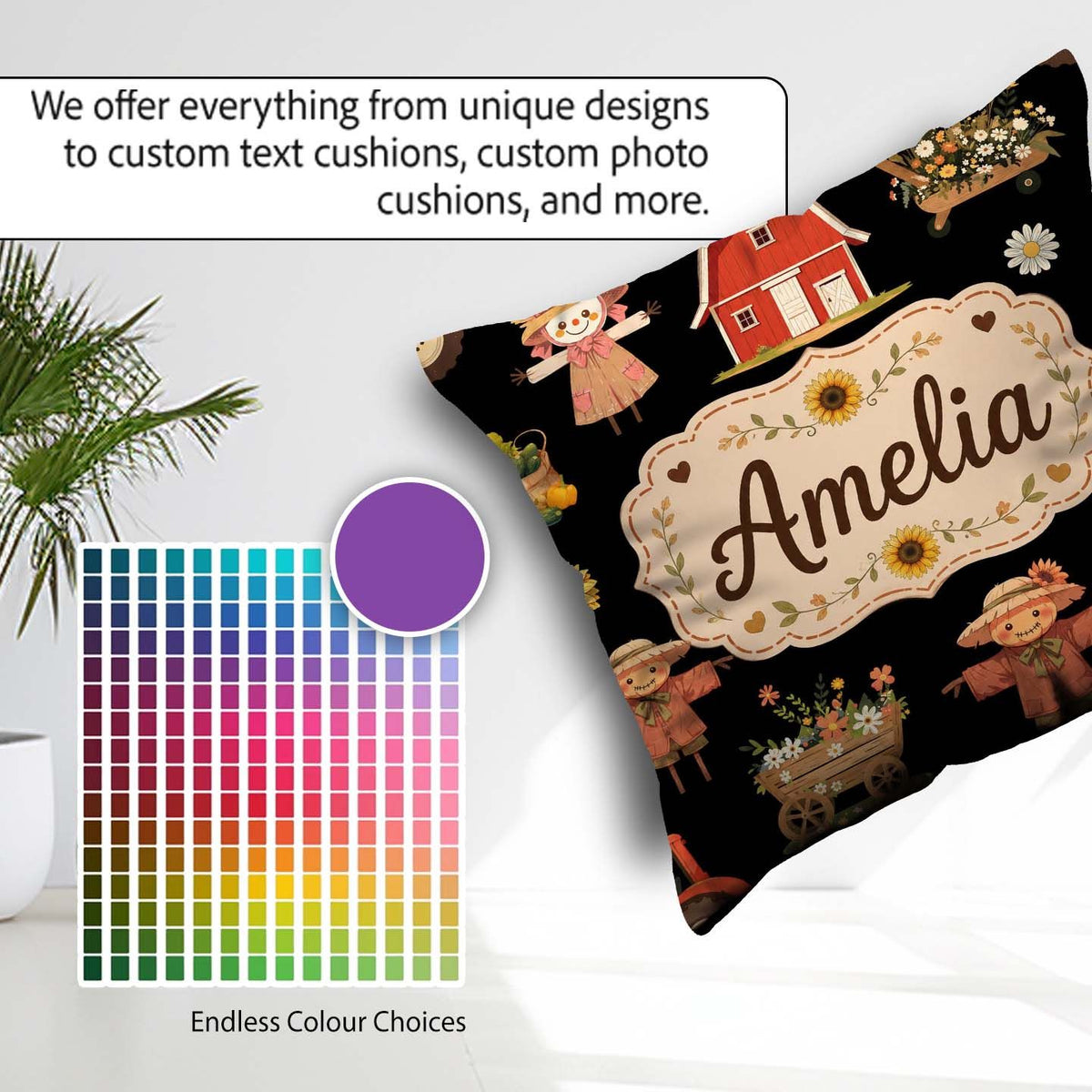 Custom Name Cute Autumn Farm Barn Flowers Seamless Pattern Black Square Filled Cushion Throw Pillow Sofa Bed Home Decor Zip Washable UK Made