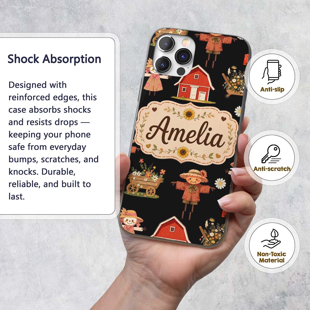Cute Autumn Farm Scarecrow Barn Flowers Seamless Custom Name Protective Phone Case Mobile Cover Durable Everyday Smartphone Shock Resistant