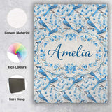 Personalised Name Blue Jay Bird Delicate Floral Seamless Soft Custom  Home Unique Canvas Wall Art Print Decor Picture Ready to Hang