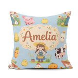 Custom Name Cute Farm Girl Animals Harvest Seamless Pattern Blue Square Filled Cushion Throw Pillow Sofa Bed Home Decor Zip Washable UK Made