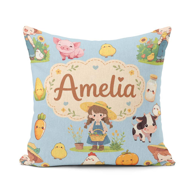 Custom Name Cute Farm Girl Animals Harvest Seamless Pattern Blue Square Filled Cushion Throw Pillow Sofa Bed Home Decor Zip Washable UK Made