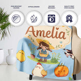Cute Farm Girl Animals Harvest Seamless Pattern Blue Background  Personalised Custom Name Super Soft Fleece Blanket Bed Sofa Throw