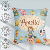 Custom Name Cute Farm Girl Animals Harvest Seamless Pattern Blue Square Filled Cushion Throw Pillow Sofa Bed Home Decor Zip Washable UK Made