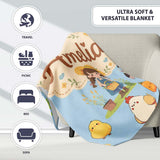 Cute Farm Girl Animals Harvest Seamless Pattern Blue Background  Personalised Custom Name Super Soft Fleece Blanket Bed Sofa Throw