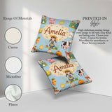 Custom Name Cute Farm Girl Animals Harvest Seamless Pattern Blue Square Filled Cushion Throw Pillow Sofa Bed Home Decor Zip Washable UK Made