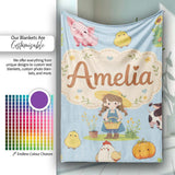 Cute Farm Girl Animals Harvest Seamless Pattern Blue Background  Personalised Custom Name Super Soft Fleece Blanket Bed Sofa Throw