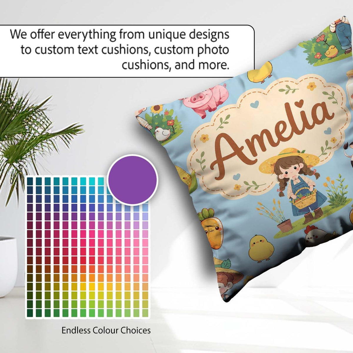 Custom Name Cute Farm Girl Animals Harvest Seamless Pattern Blue Square Filled Cushion Throw Pillow Sofa Bed Home Decor Zip Washable UK Made