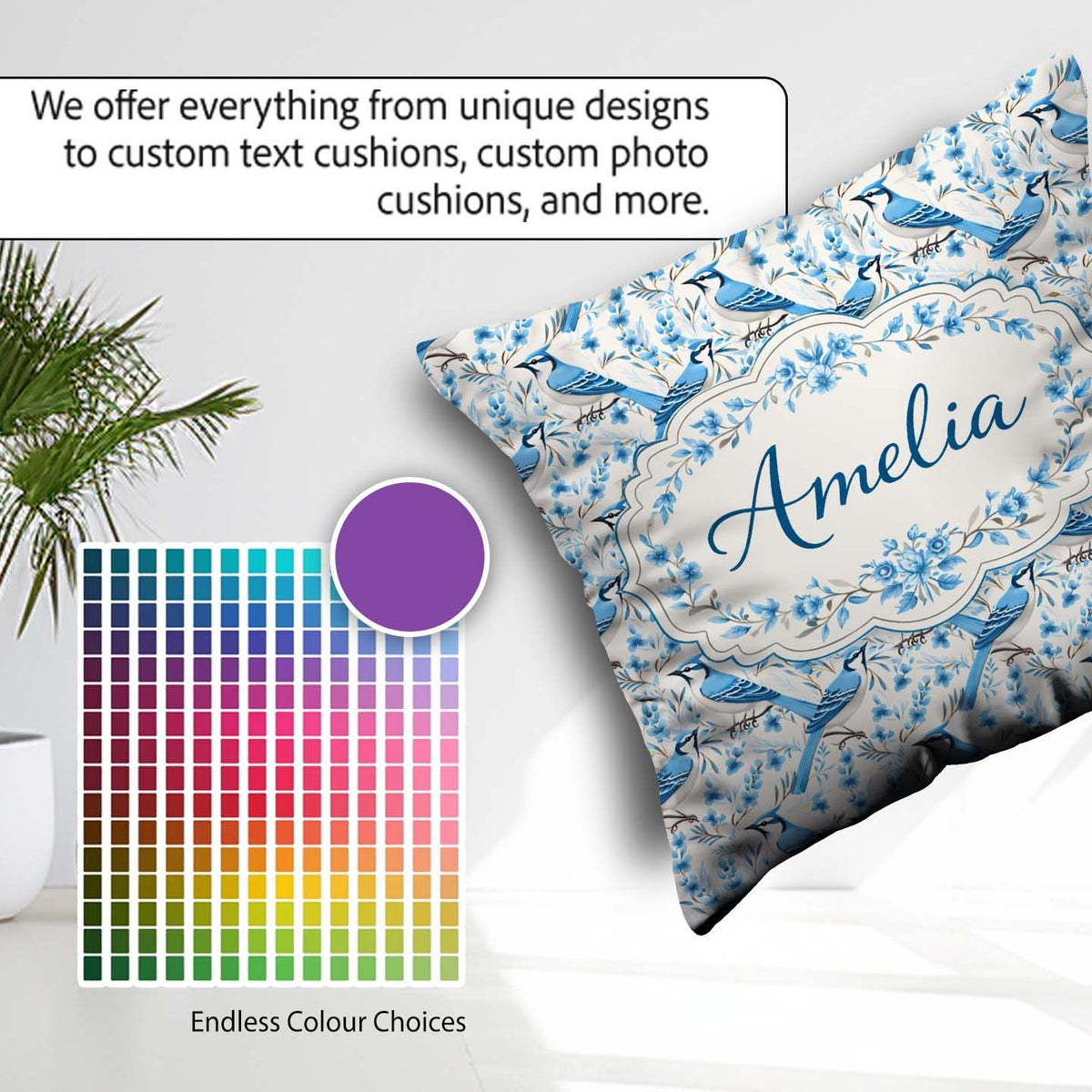 Custom Name Blue Bird Delicate Floral Soft Blue Botanical Nature Square Filled Cushion Throw Pillow Sofa Bed Home Decor Zip Washable UK Made