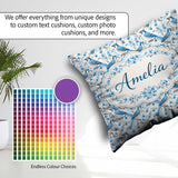 Custom Name Blue Bird Delicate Floral Soft Blue Botanical Nature Square Filled Cushion Throw Pillow Sofa Bed Home Decor Zip Washable UK Made