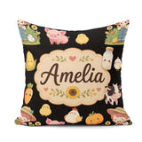 Custom Name Farm Girl Animals Harvest Seamless Black Background Square Filled Cushion Throw Pillow Sofa Bed Home Decor Zip Washable UK Made