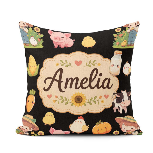Custom Name Farm Girl Animals Harvest Seamless Black Background Square Filled Cushion Throw Pillow Sofa Bed Home Decor Zip Washable UK Made