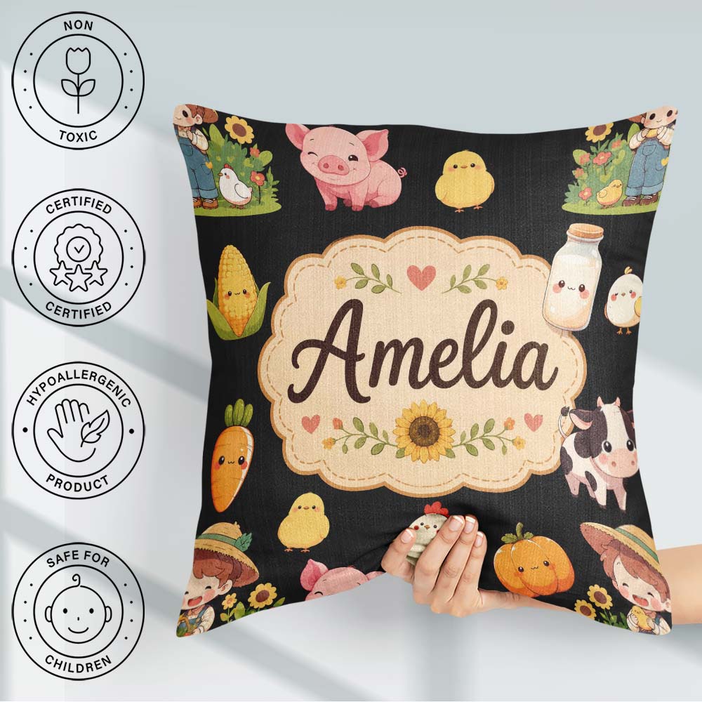 Custom Name Farm Girl Animals Harvest Seamless Black Background Square Filled Cushion Throw Pillow Sofa Bed Home Decor Zip Washable UK Made