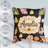 Custom Name Farm Girl Animals Harvest Seamless Black Background Square Filled Cushion Throw Pillow Sofa Bed Home Decor Zip Washable UK Made