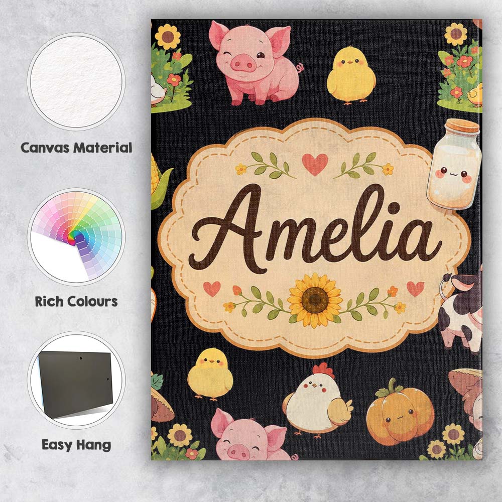 Personalised Name Cute Farm Girl Animals Custom  Unique Gift Idea Elegant Feature Canvas Wall Art Print Decor Picture Ready to Hang