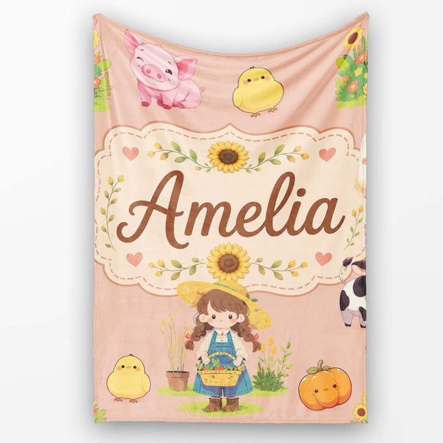 Cute Farm Girl Animals Harvest Seamless Pattern Peach Background  Personalised Custom Name Super Soft Fleece Blanket Bed Sofa Throw