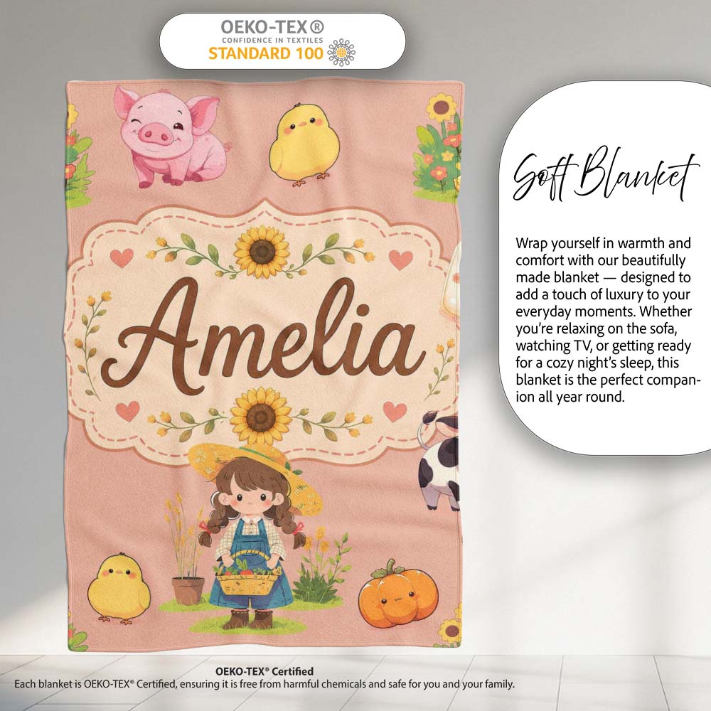 Cute Farm Girl Animals Harvest Seamless Pattern Peach Background  Personalised Custom Name Super Soft Fleece Blanket Bed Sofa Throw