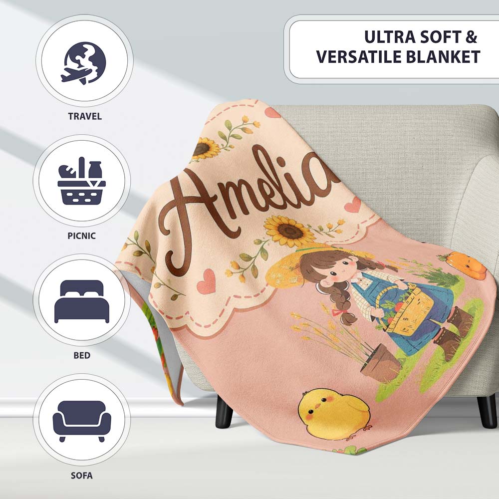Cute Farm Girl Animals Harvest Seamless Pattern Peach Background  Personalised Custom Name Super Soft Fleece Blanket Bed Sofa Throw