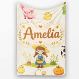 Cute Farm Girl Animals Harvest Seamless Pattern Cream Background  Personalised Custom Name Super Soft Fleece Blanket Bed Sofa Throw