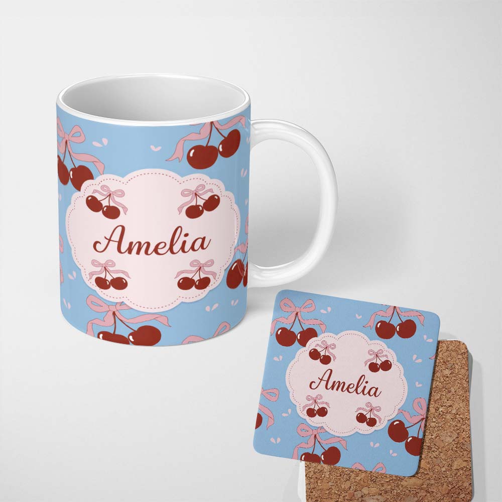 Personalized Custom Name Cherry Bow Ribbon Cute Minimal Sky Blue Background Seamless Pattern 11oz Ceramic Coffee Tea Mug White Large Handle