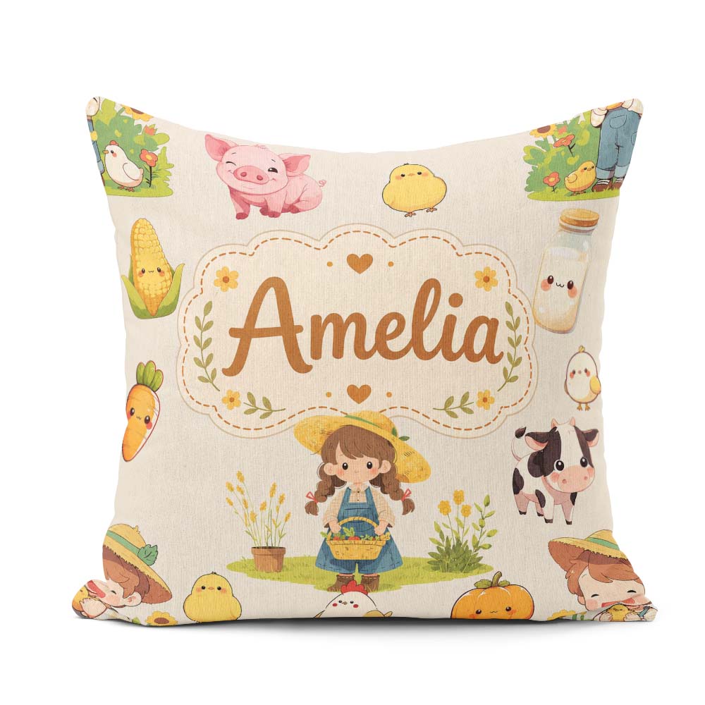 Custom Name Farm Girl Animals Harvest Seamless Cream Background Square Filled Cushion Throw Pillow Sofa Bed Home Decor Zip Washable UK Made