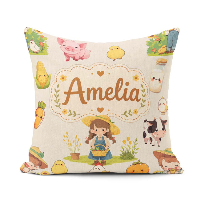 Custom Name Farm Girl Animals Harvest Seamless Cream Background Square Filled Cushion Throw Pillow Sofa Bed Home Decor Zip Washable UK Made