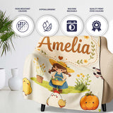 Cute Farm Girl Animals Harvest Seamless Pattern Cream Background  Personalised Custom Name Super Soft Fleece Blanket Bed Sofa Throw