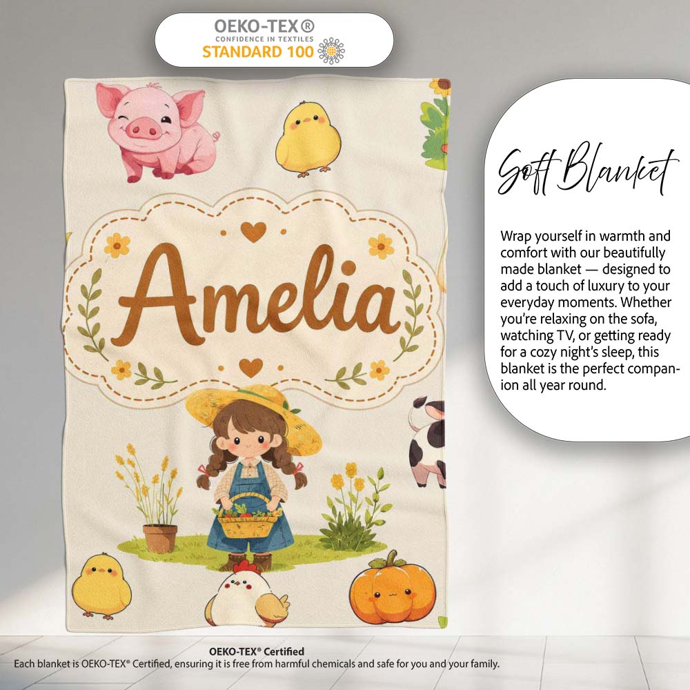 Cute Farm Girl Animals Harvest Seamless Pattern Cream Background  Personalised Custom Name Super Soft Fleece Blanket Bed Sofa Throw