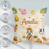 Custom Name Farm Girl Animals Harvest Seamless Cream Background Square Filled Cushion Throw Pillow Sofa Bed Home Decor Zip Washable UK Made