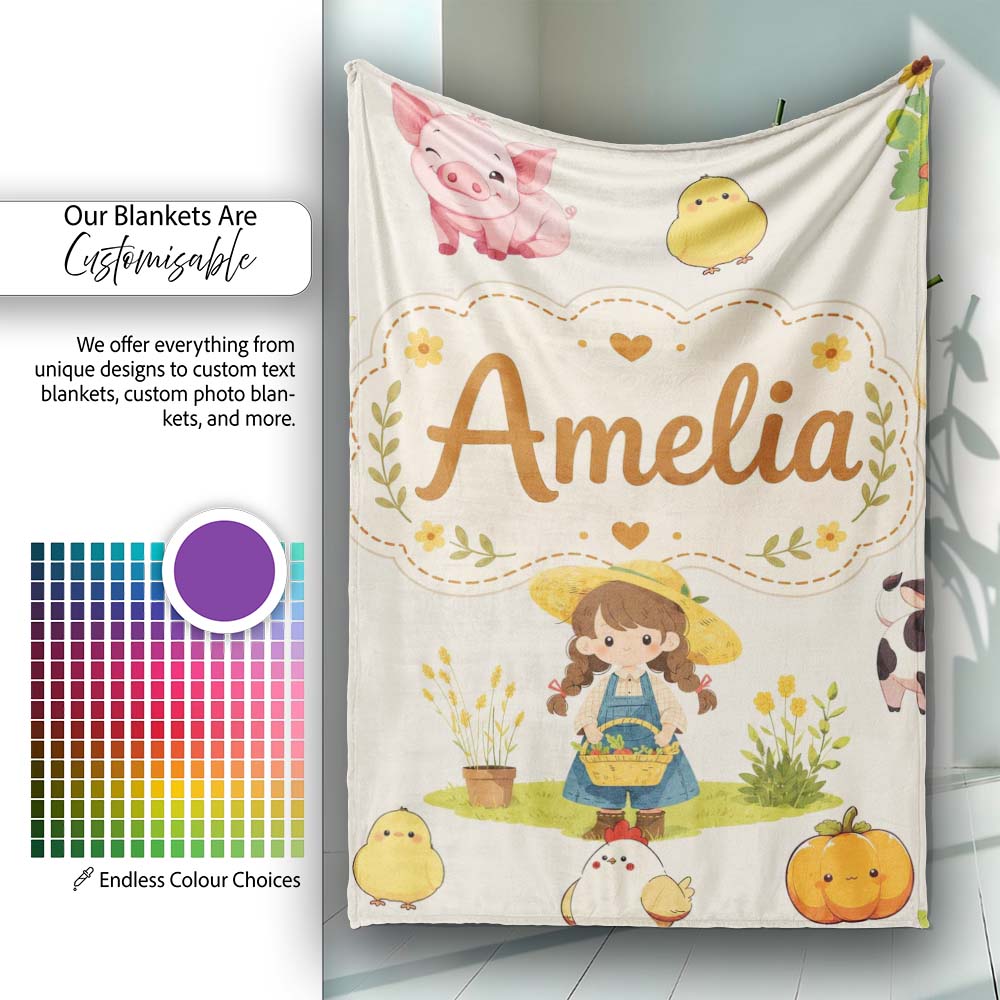Cute Farm Girl Animals Harvest Seamless Pattern Cream Background  Personalised Custom Name Super Soft Fleece Blanket Bed Sofa Throw