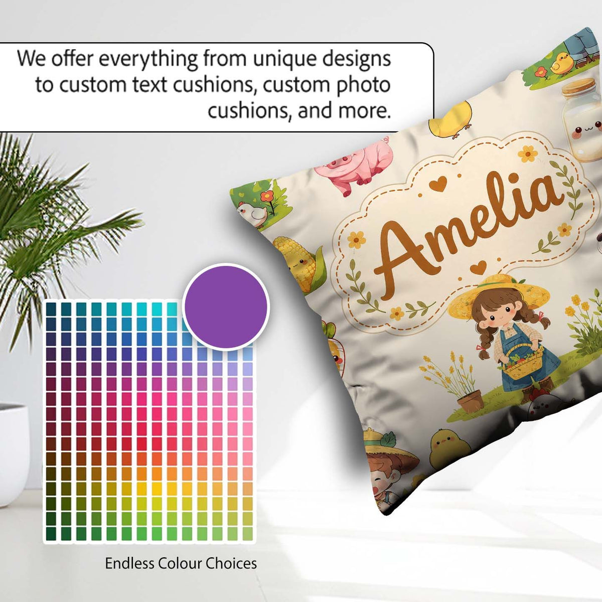 Custom Name Farm Girl Animals Harvest Seamless Cream Background Square Filled Cushion Throw Pillow Sofa Bed Home Decor Zip Washable UK Made