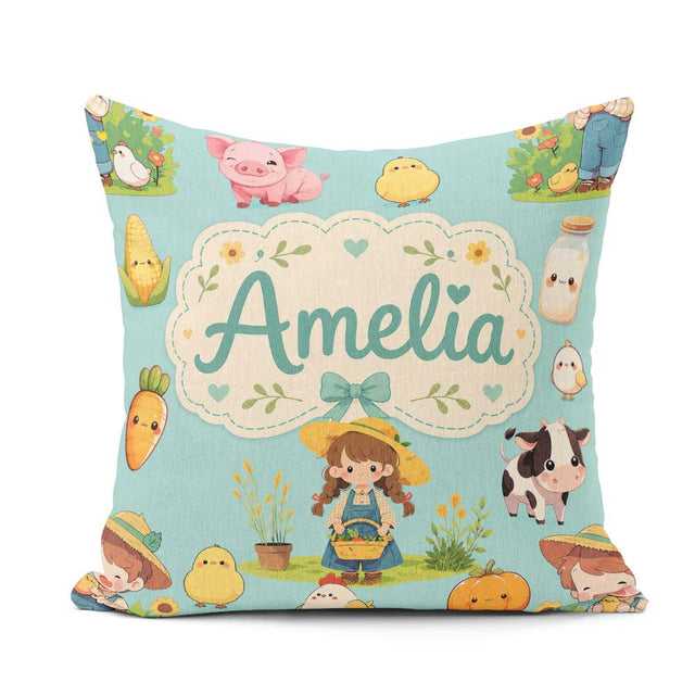 Custom Name Cute Farm Girl Animals Harvest Seamless Pattern Mint Square Filled Cushion Throw Pillow Sofa Bed Home Decor Zip Washable UK Made