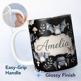Personalized Custom Name Cute Halloween Bats Flying Stars Night Sky Seamless Pattern Name 11oz Ceramic Coffee Tea Mug White Large Handle