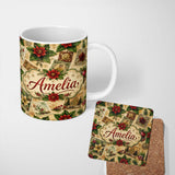 Personalized Custom Name Vintage Christmas Collage Postcard Floral Bauble Festive Seamless 11oz Ceramic Coffee Tea Mug White Large Handle