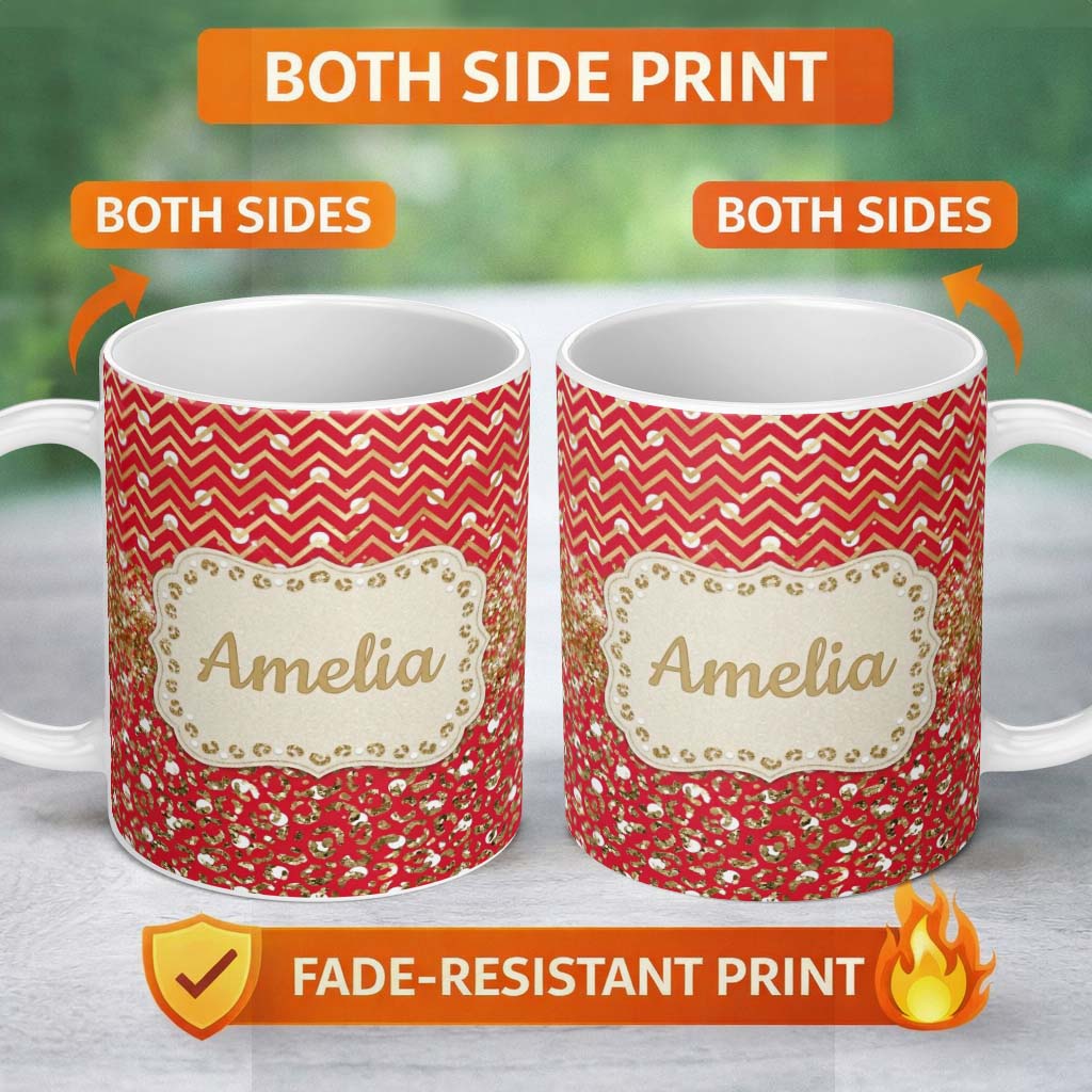 Personalized Custom Name Red Gold Chevron Leopard Glitter Christmas Seamless Pattern Lovely 11oz Ceramic Coffee Tea Mug White Large Handle