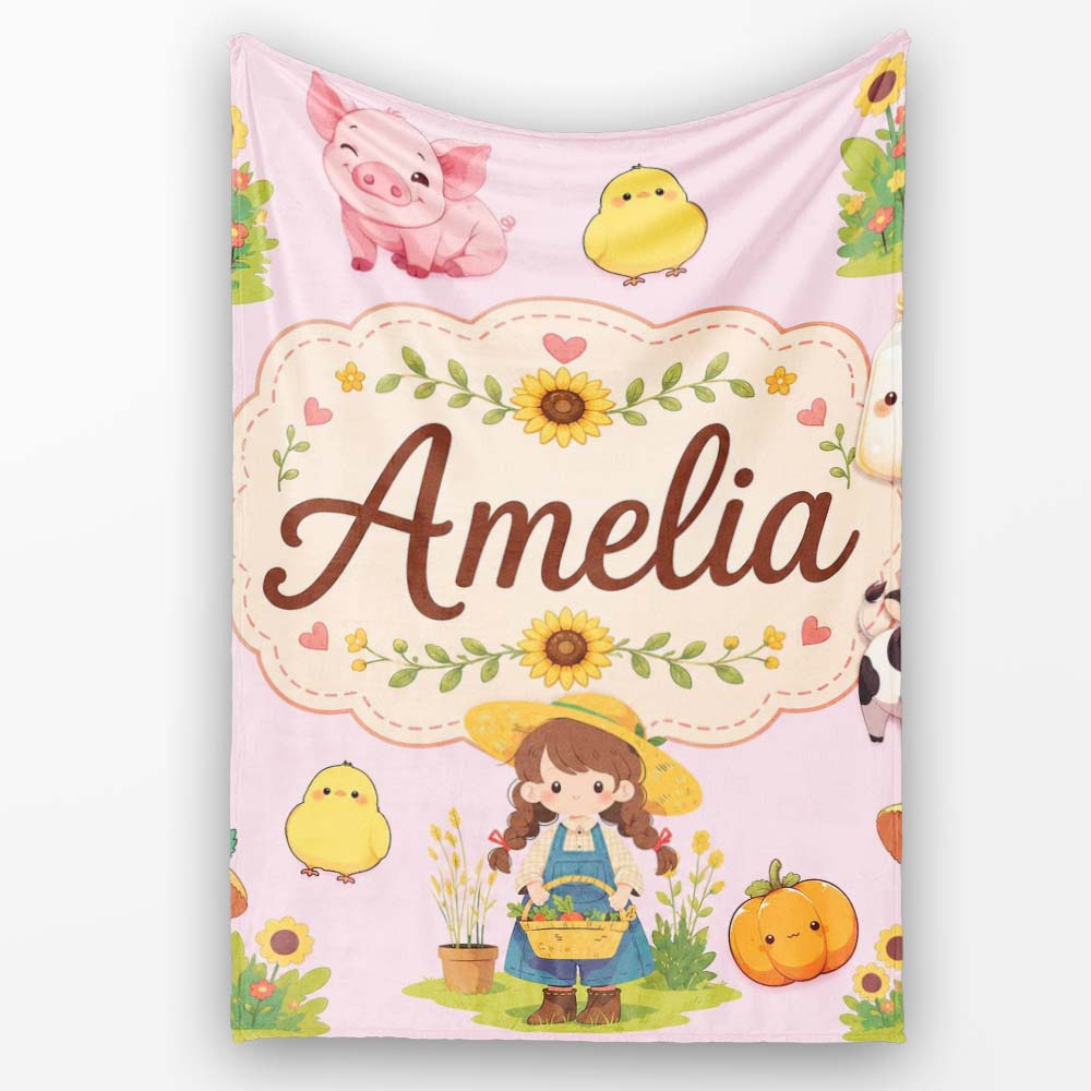 Cute Farm Girl Animals Harvest Seamless Pattern Pink Background  Personalised Custom Name Super Soft Fleece Blanket Bed Sofa Throw